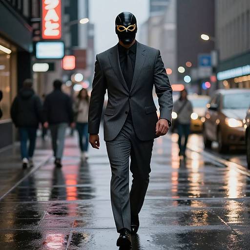 Photograph of a mysterious man in a gray suit, black tie, and yellow-lensed mask, walking confidently on a rainy, illuminated city street with