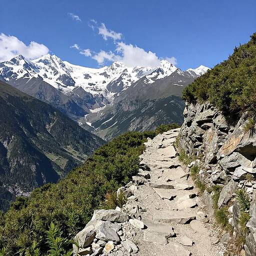 Photograph of a rocky mountain trail with white snow-capped peaks under a clear blue sky, surrounded by green shrubs and dark forested slopes.