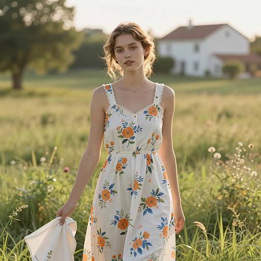 Young Woman in Floral Dress in Sunlit Meadow