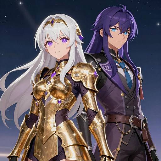 Anime Characters in Gold Armor and Dark Attire