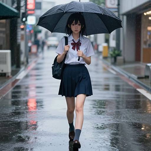Anime Student Walking in Rain with Umbrella