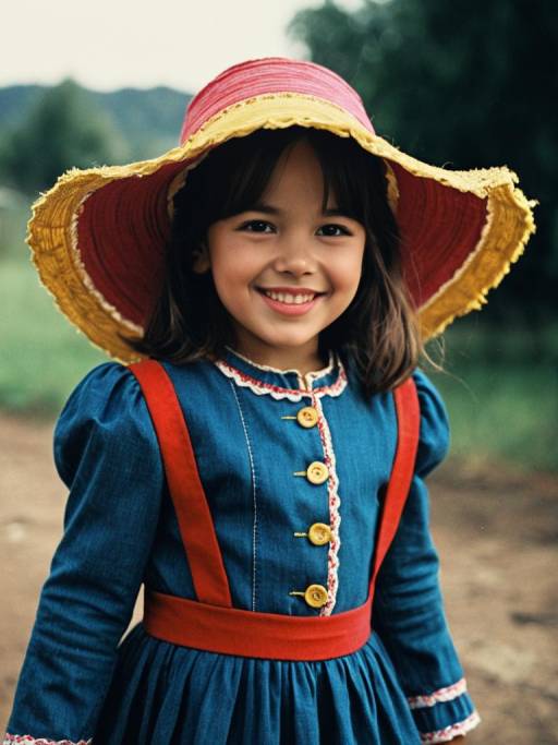Smiling Child in Rosita Costume with Large Sun Hat