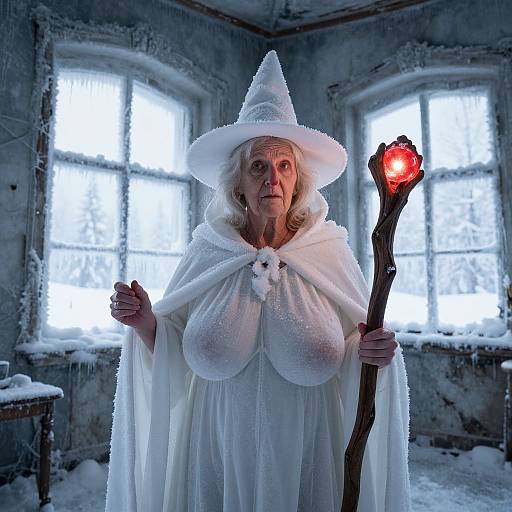 Photograph of an elderly white woman with large breasts, wearing a white witch hat and cloak, holding a glowing red staff, in a snowy, dim