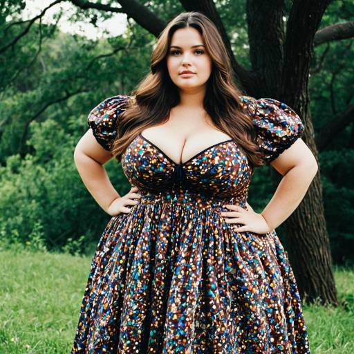 Plus Size Woman in Multicolored Puffy Sleeve Dress Outdoors