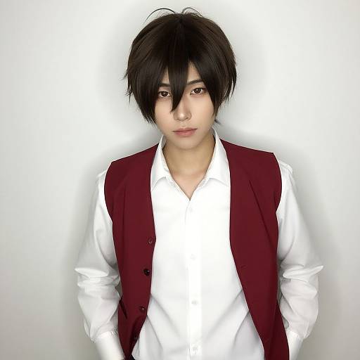 Digital anime-style portrait of a young man with black hair, wearing a white shirt and maroon vest, against a plain white background.