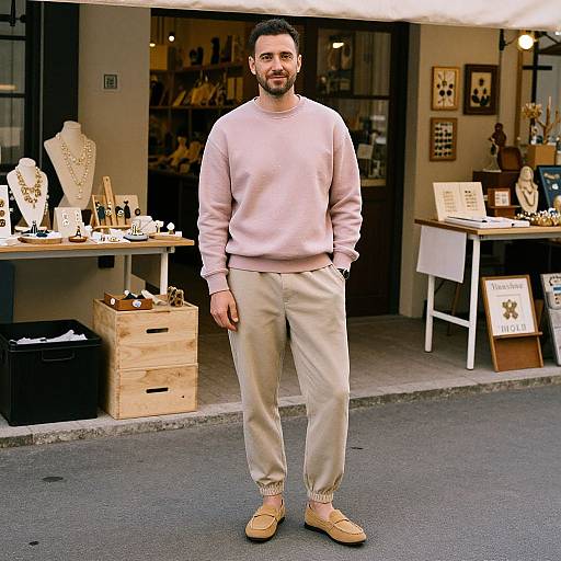 Photograph of a bearded man in a light pink sweater, beige pants, and tan shoes, standing in front of a jewelry store with displays of