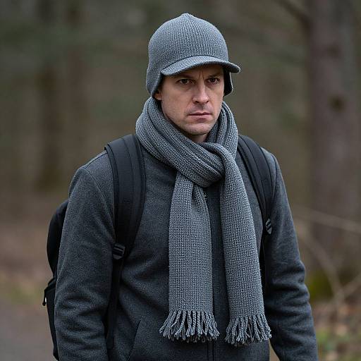Photograph of a serious, fair-skinned man in a gray knit hat, matching scarf, and dark jacket, with a backpack, standing in a