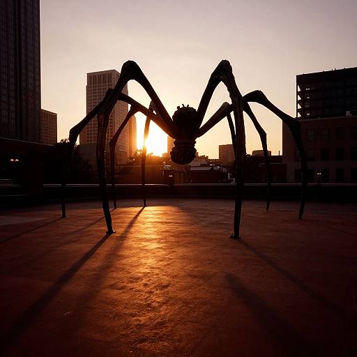Silhouetted giant spider sculpture against a sunset in an urban rooftop setting, casting long shadows on the ground. City buildings in the background. Photograph