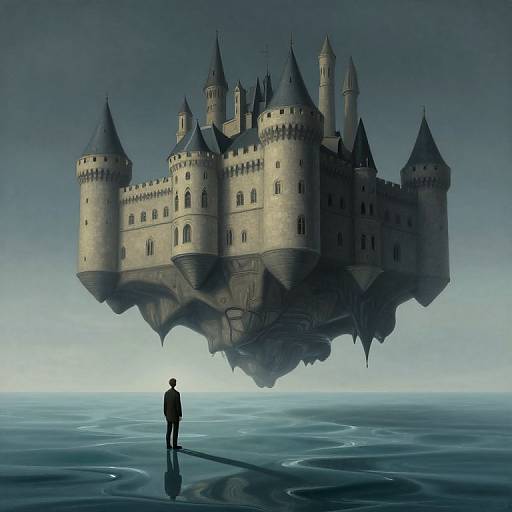 Digital art of a lone figure gazing at a floating, medieval castle with turrets and towers, set on a reflective, icy surface.