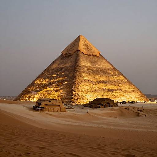 Photograph of the illuminated Great Pyramid of Giza at dusk, with golden sunlight highlighting its textured stone blocks, surrounded by sandy desert terrain and small buildings