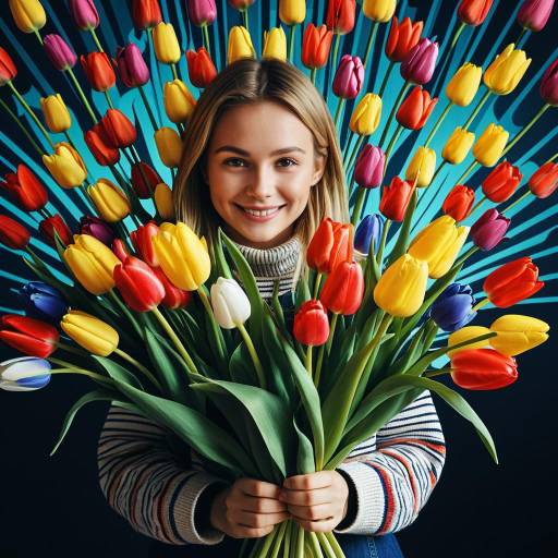 Smiling Girl Holding Colorful Tulips