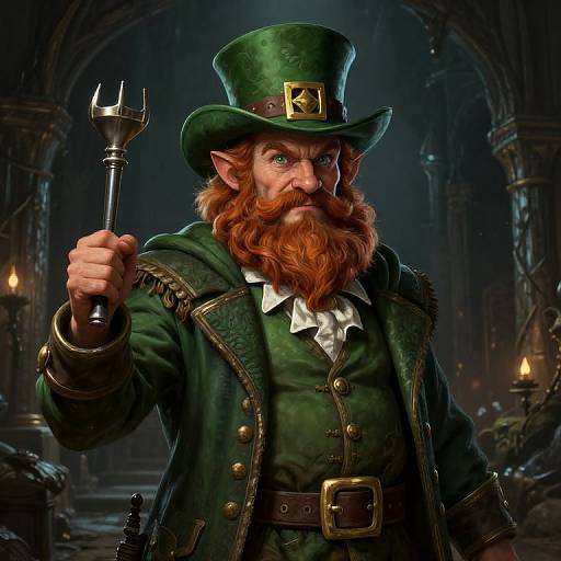 Digital illustration of a fierce, bearded leprechaun with green coat and hat, holding a wrench, in a dimly lit, Gothic-style