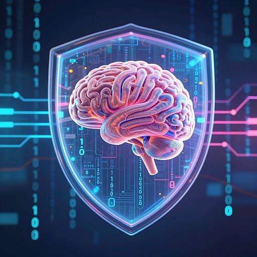 Digital illustration of a glowing, neon-colored brain inside a transparent shield, set against a dark, circuitry-filled background with blue and pink lines. Cyber
