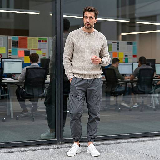 Photograph of a bearded man in a beige sweater, black pants, and white sneakers, standing in a modern office with glass walls, looking thoughtful