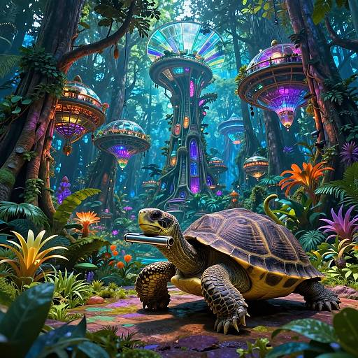 Digital artwork of a vibrant, futuristic forest with glowing, hovering structures. A detailed turtle with a metal object in its mouth walks on a lush, colorful