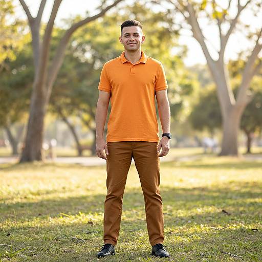Photograph of a smiling young man with short black hair, wearing an orange polo shirt, brown pants, and black shoes, standing in a sunlit