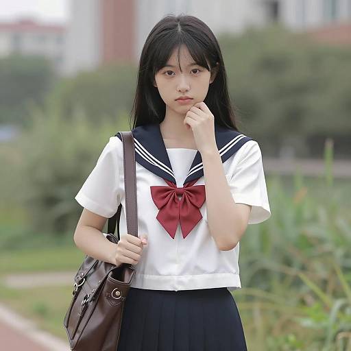 Asian Girl in Sailor Outfit Outdoors