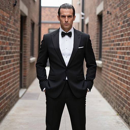 Photograph of a tall, handsome man in a black tuxedo with a bow tie, standing confidently in a narrow brick alleyway.