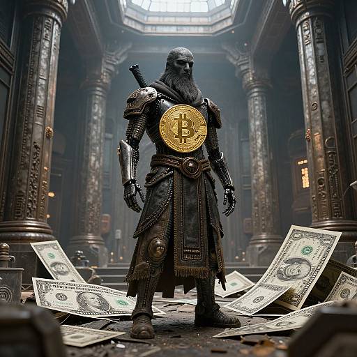Digital art of a black-armored, bearded warrior with a Bitcoin emblem on his chest, standing in a dark, columned hall surrounded by scattered