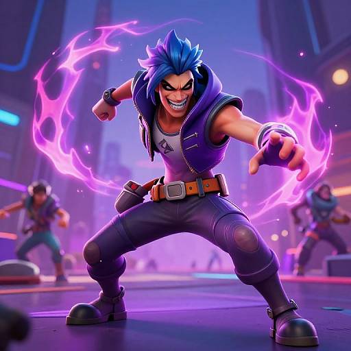 Dynamic digital artwork of a blue-haired, muscular character with glowing purple energy rings, wearing a sleeveless jacket, dark pants, and boots, in a