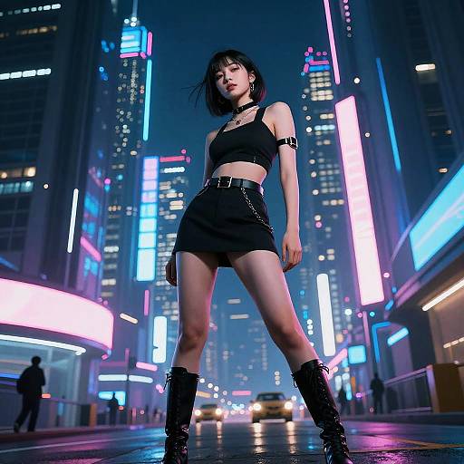 Digital art of a confident, black-haired woman in a neon-lit cyberpunk city, wearing a black crop top, shorts, choker, and
