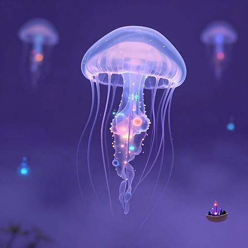 Photorealistic CGI of glowing jellyfish in dark blue water, with two smaller jellyfish and a tiny boat in the background.