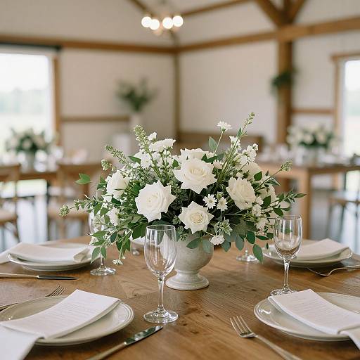 Photograph of a rustic wooden dining table set with white floral centerpiece, clear wine glasses, white plates, folded napkins, and silverware in a