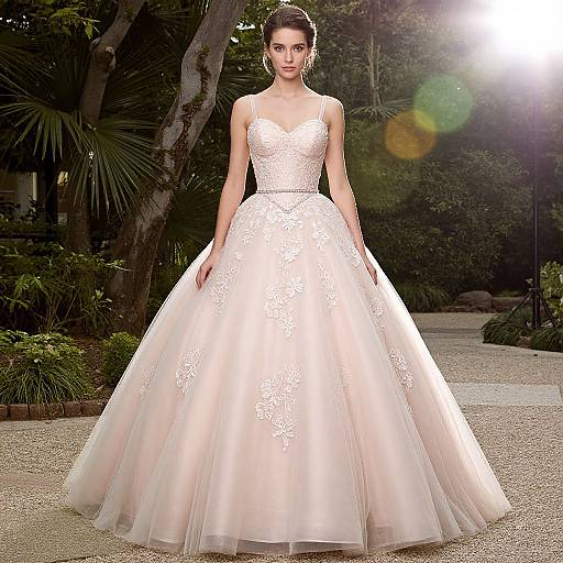 Photograph of a brunette woman in a white lace and tulle wedding gown, standing in a sunlit garden with trees and foliage.