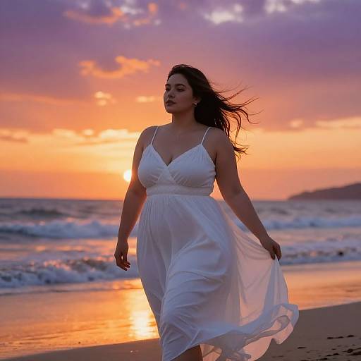 Photograph of a woman with long brown hair in a white sundress running on a beach at sunset, with vibrant orange and purple sky, and waves