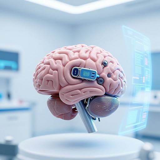 Digital CGI of a futuristic, cybernetic human brain with embedded microchips and sensors in a brightly lit, sterile laboratory.