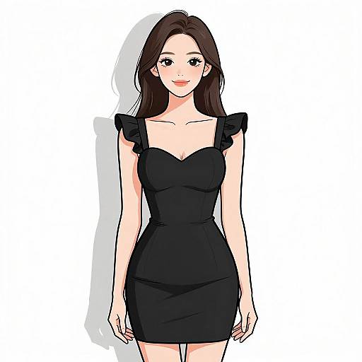 Digital anime-style drawing of a smiling young woman with long brown hair, wearing a black, strapless, ruffled dress, standing against a white background