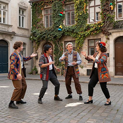 Photograph of four diverse dancers in colorful, patterned vests and black pants, mid-jump in a cobblestone European street with vine-covered building