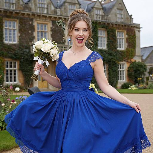 Photograph of a smiling young woman with light skin and brown hair in an updo, wearing a blue lace dress, holding a bouquet of white flowers