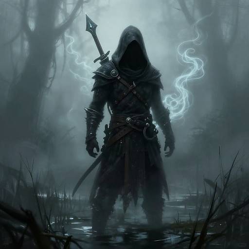 Mysterious dark-robed figure with glowing blue ethereal flames and a sword stands in a foggy, eerie forest by a water's edge. Digital
