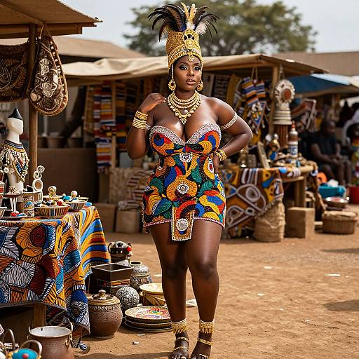 Photograph of a confident Black woman in vibrant, colorful African attire, adorned with gold jewelry and a tall headdress, standing in a bustling outdoor market