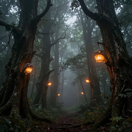 Enchanting forest path at twilight, illuminated by warm, glowing lanterns hanging from towering trees, enveloped in mist and darkness.