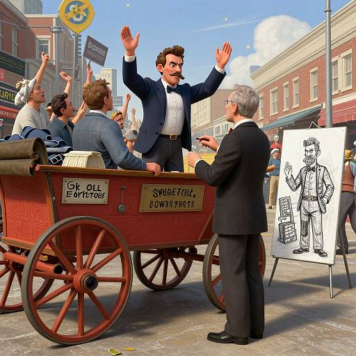 Photorealistic CGI image of a mustached man in a blue suit, raising arms, standing in a wooden cart, surrounded by cheering people, while