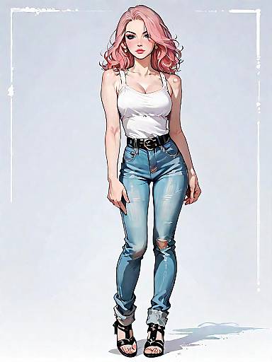 Casual Chic Woman with Pink Hair in Denim Jeans