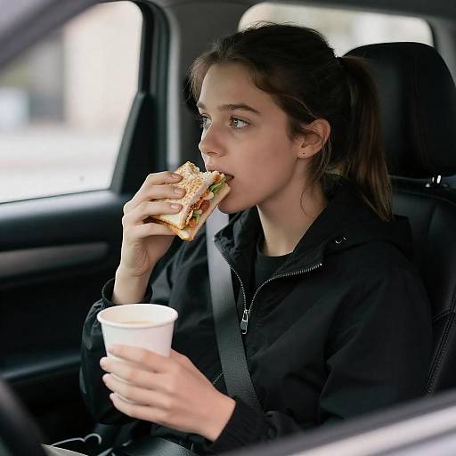 Woman Eating Sandwich in Car