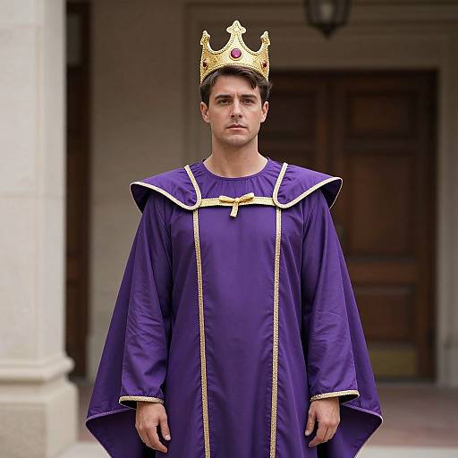 Photograph of a young man with short dark hair, wearing a gold crown and royal purple robe with gold trim, standing in front of a wooden door