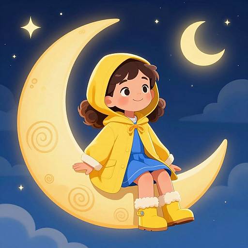 Cartoon illustration of a smiling girl with brown hair in a yellow hooded coat, blue dress, and yellow boots, sitting on a glowing crescent