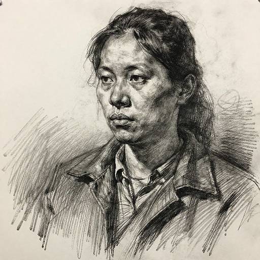 Black and white ink sketch of a serious-faced woman with long hair, wearing a collared shirt and jacket, detailed with cross-hatching.