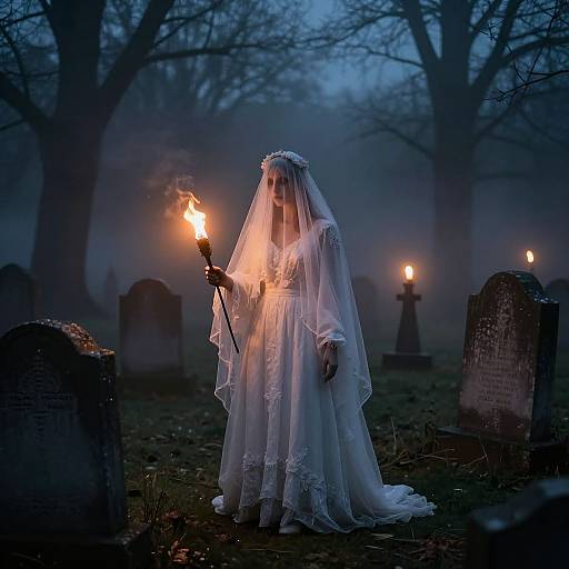 Photograph of a ghostly, veiled bride with long white dress holding a flaming torch in a foggy, moonlit cemetery. Tombstones surround