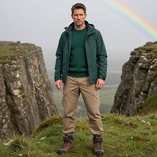 Photograph of a bearded man in a dark green jacket, green sweater, beige pants, and brown boots standing between rocky cliffs with a misty