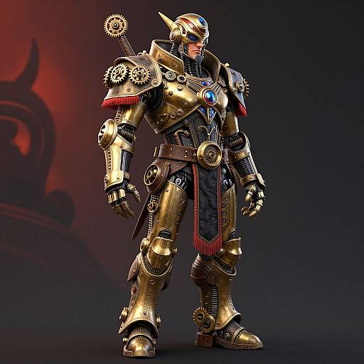 CGI image of a futuristic, golden armored warrior with blue gem, red accents, and horned helmet, standing against a dark, red gradient background