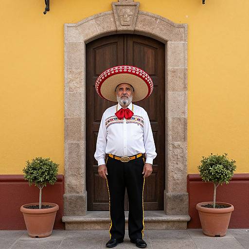 Photograph of an older man with gray beard, wearing a white shirt, black pants, red bowtie, and large red and white sombrero,