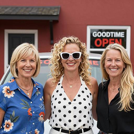 Three Smiling Women Outside Red Building