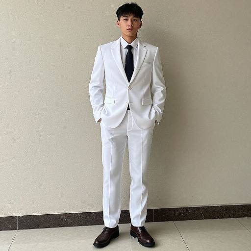 Photograph of an Asian man with short black hair, wearing a white suit, black tie, and black shoes, standing against a plain beige wall.