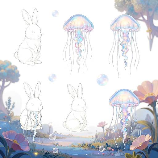 Ethereal Jellyfish Line Art Surreal Scene