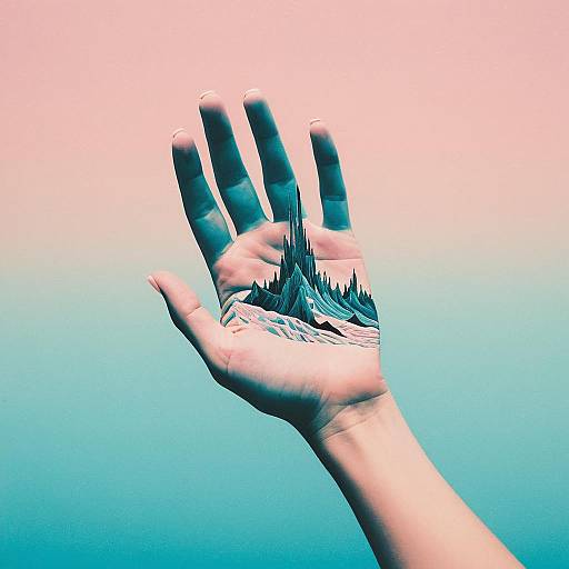 Hand with Surreal Mountain Landscape